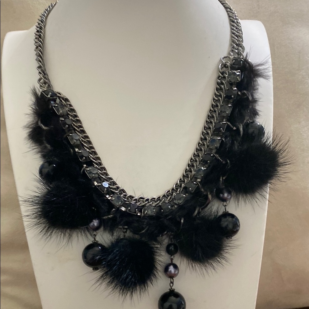 10/$10 Unique Black Fur, rhinestones,  and Chain Necklace